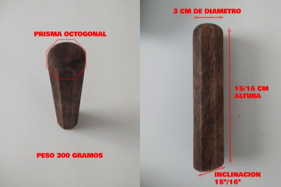 El bolo tiene forma octogonal, pesa 300 gr y mide 15 centímetros